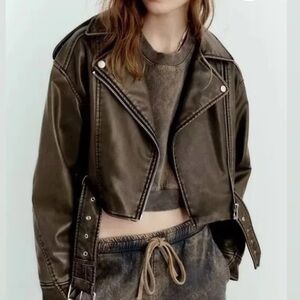 Zara Cropped Faux Leather Olive / Khaki Moto Jacket!